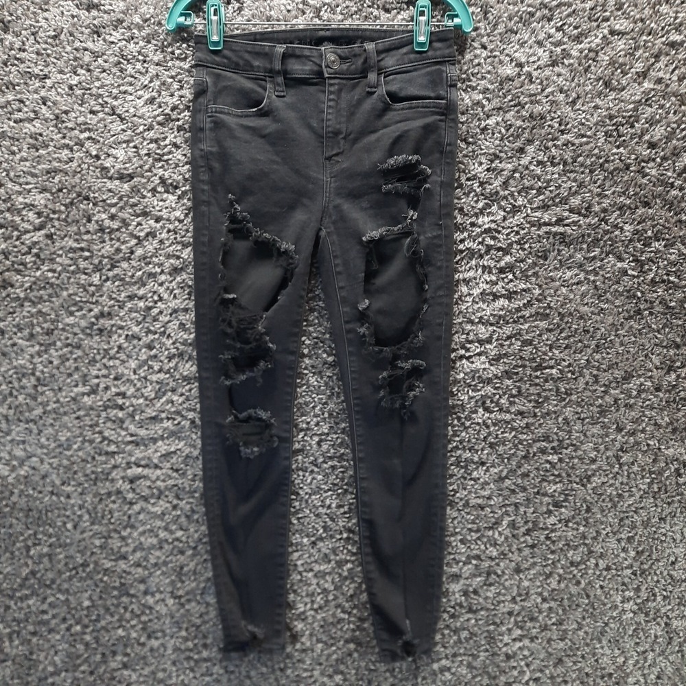 American Eagle Jeans Women 2 Short Black Jegging Next Level Stretch Destroy Pant